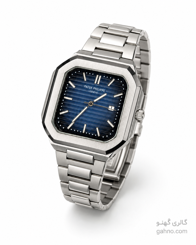 ساعت مردانه موتور ژاپن Patek Philippe Cubitus | بند استیل صفحه مربعی نقرهای