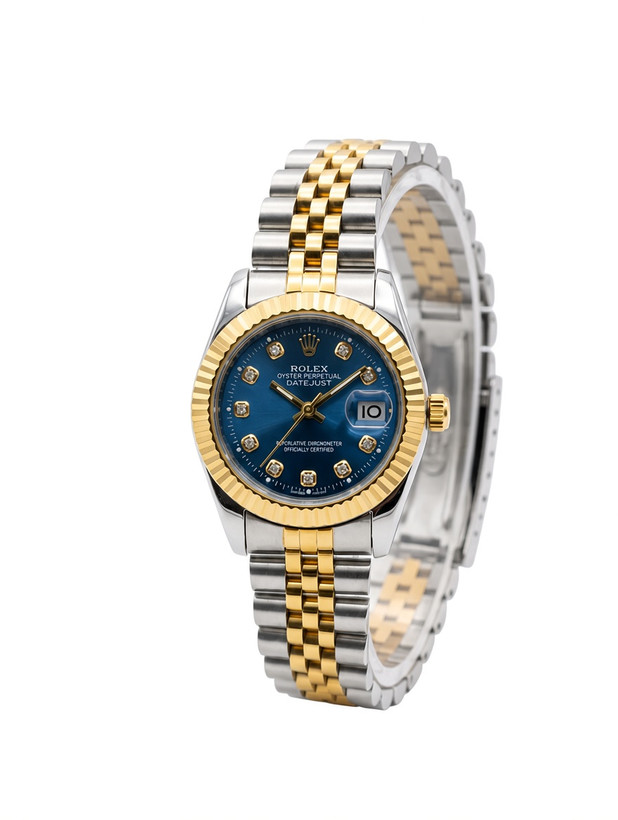 ساعت مچی زنانه رولکس (ROLEX) بند فلزی دو رنگ صفحه آبی نگیندار